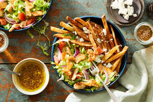 Chicken Souvlaki Salad & Sweet Potato Fries