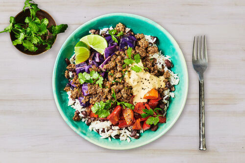 Loaded Tex-Mex Beef and Roast Veggie Bowl