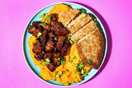 Vega kipschnitzel met teriyaki-aubergine