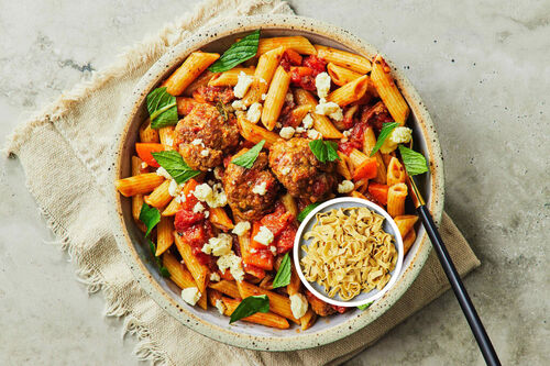 Spicy Lamb and Feta Meatballs with Fettuccine