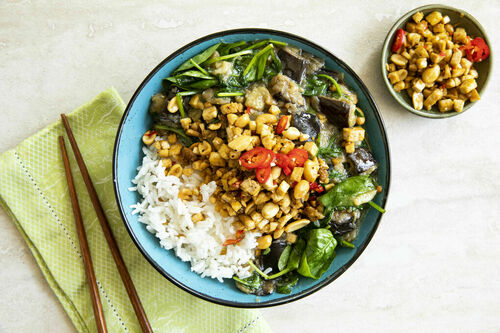 Szechuan aubergine met pinda's