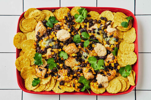 15-Min Cheesy Chicken and Bean Nachos