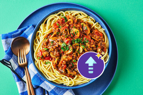 Speedy Beef, Lentil and Mushroom Bolognese