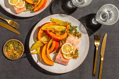 Zalm met geroosterde pompoen