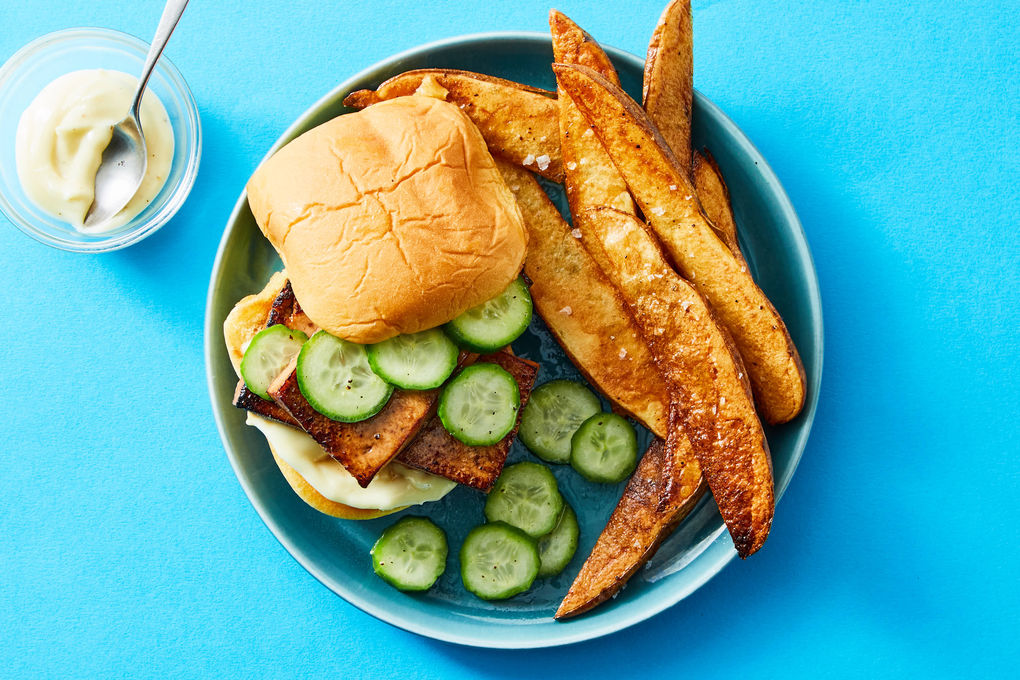 Teriyaki Impossible Burger with Pickled Cucumbers & Fries | Dinnerly