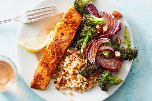 Harissa Salmon with Herby Couscous - Easy Peasy Foodie