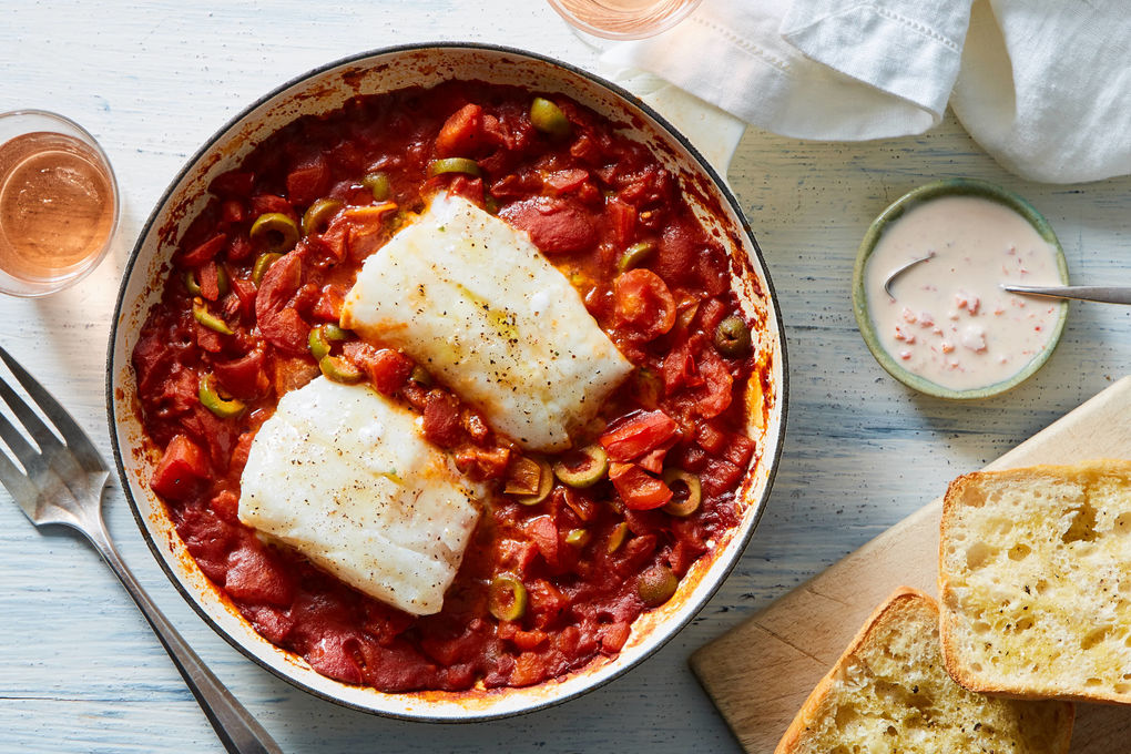 Niçoise-Style Roasted Cod & Garlic Bread with Tomatoes, Olives & Rouille