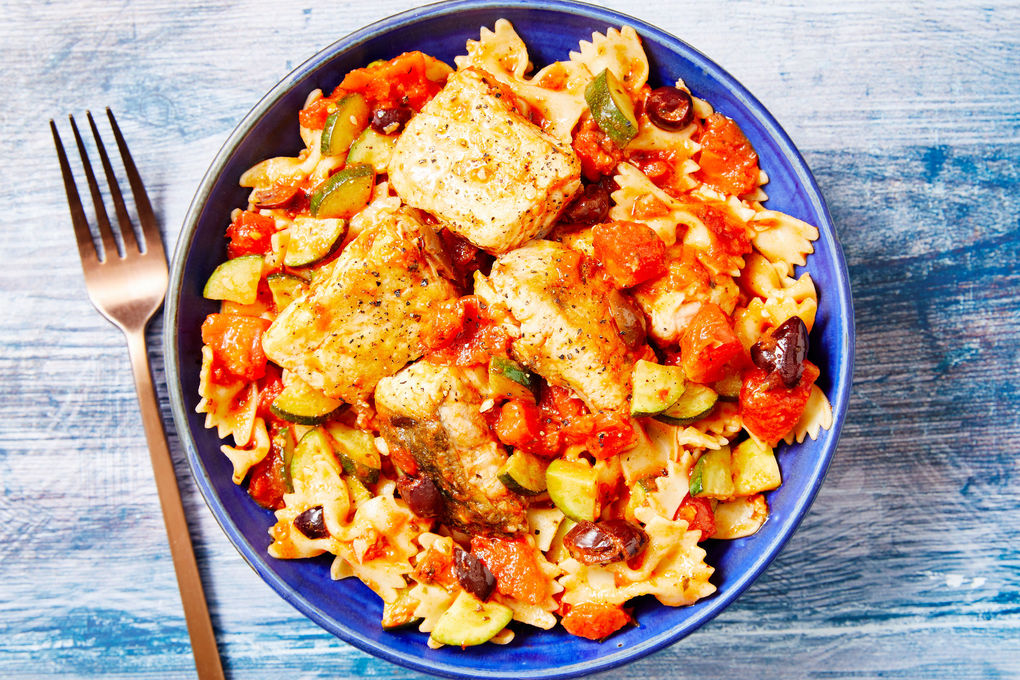 Barramundi and Olive Pasta with Tomato, Herbs and Zucchini | Marley Spoon