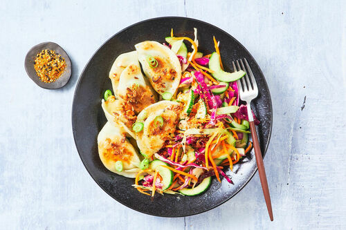 Fast Vego Dumplings and Asian Slaw