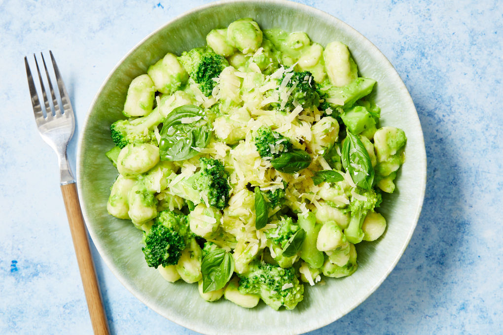 Gnocchi with Basil Pea Pesto and Buttered Broccoli