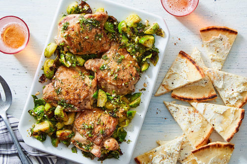 Lemon Garlic Chicken Thighs With Brussels Sprouts Feta Pita Crisps Marley Spoon