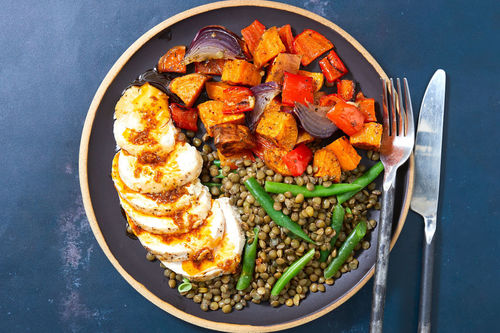 Warm Chicken Lentil Bowl With Roast Vegies And Peri Peri Drizzle Marley Spoon