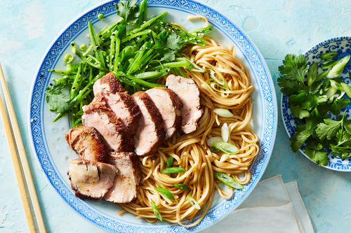 Chinese Five-Spice Pork Tenderloin with Sesame Snap Peas & Stir-Fried Udon
