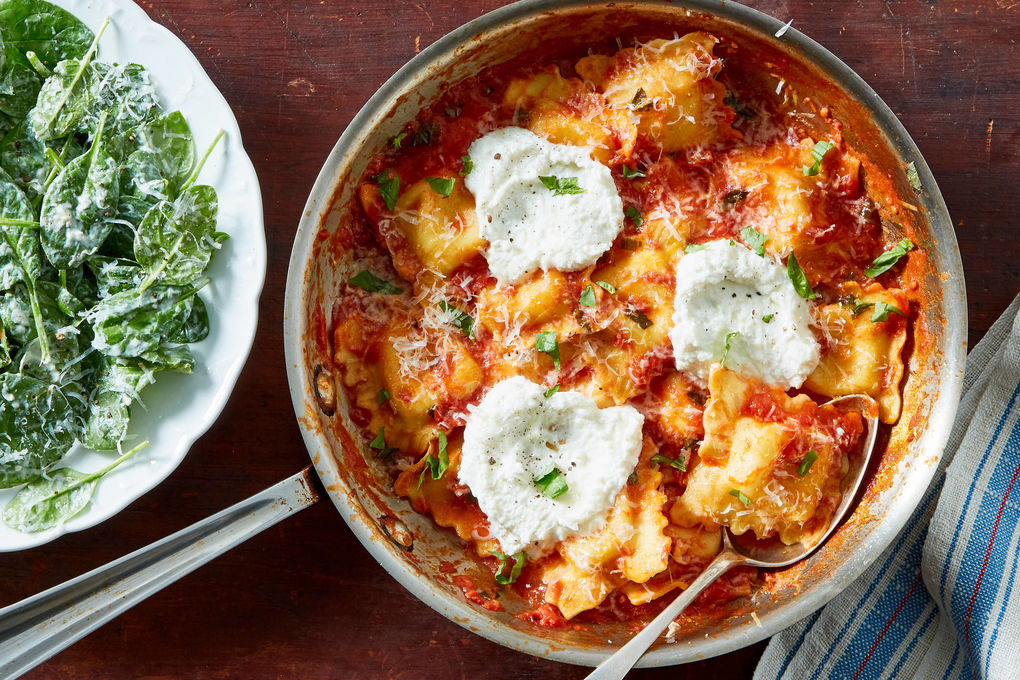 Tomato Basil Skillet Ravioli with Creamy Parmesan Spinach Salad