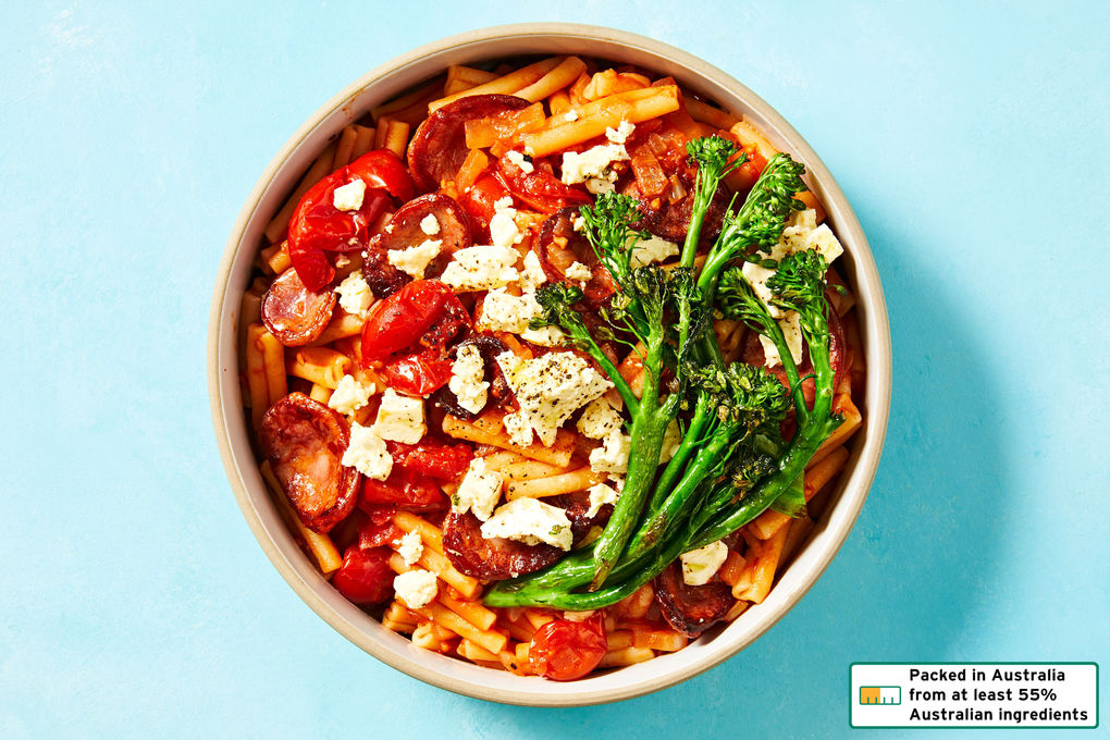 Chorizo and Tomato Pasta with Feta and Roasted Broccolini | Dinnerly