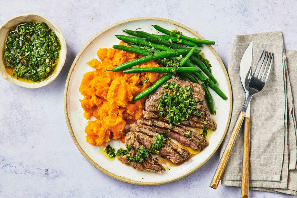 Chimichurri Beef Rump Steaks with Orange Veggie Smash and Beans