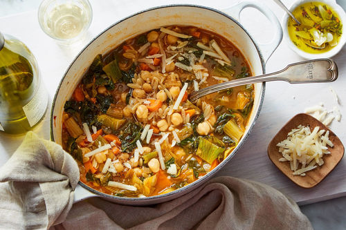 Chicken, Chickpea, Escarole & Orzo Stew