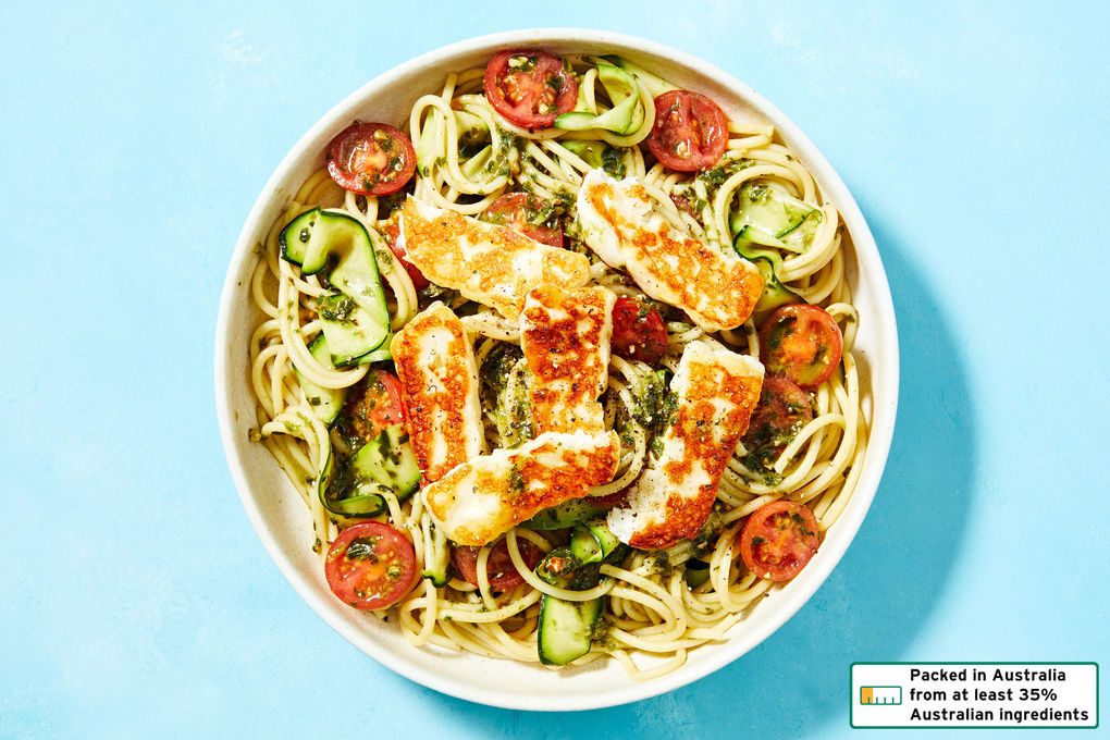 Haloumi and Basil Pesto Pasta with Cherry Tomatoes | Dinnerly