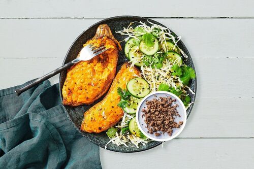Cheesy and Spicy Beef Loaded Sweet Potatoes