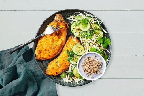 Cheesy and Spicy Pork Loaded Sweet Potatoes