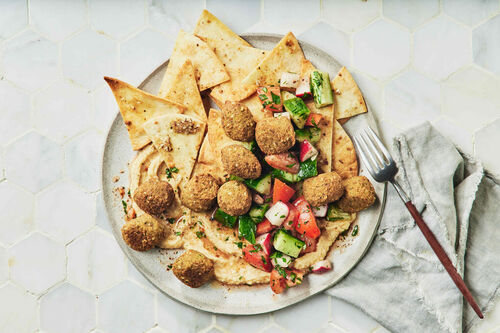 Falafel, Loaded Hummus and 'Pita' Chips