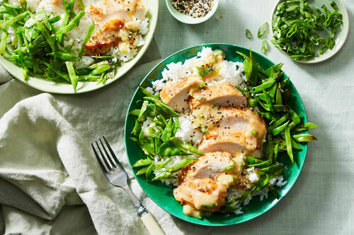 Miso Chicken with Stir-Fried Snap Peas