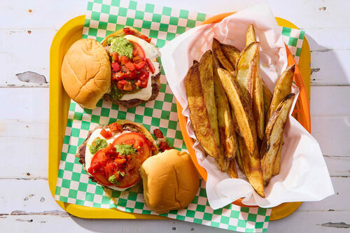 Caprese Impossible Burgers & Pesto Fries