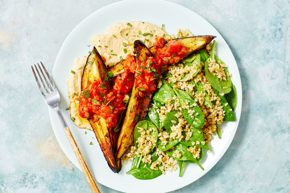 Middle Eastern Baked Eggplant with Lemon Freekeh and Hummus