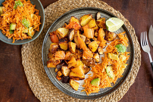 Kartoffeln und Aubergine mit Kimchi