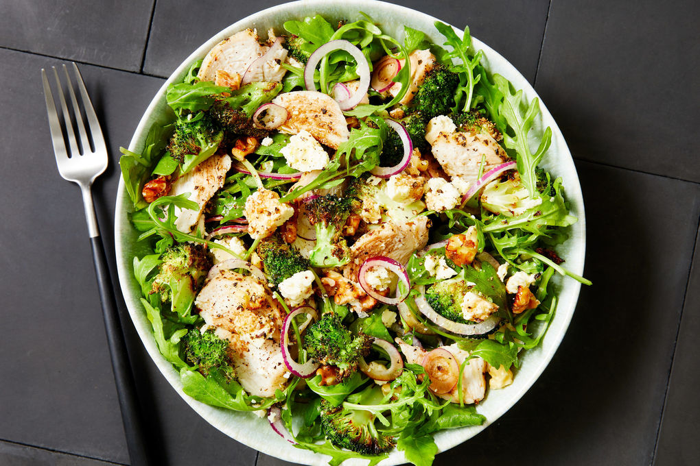 Low-Carb Chicken Salad with Walnuts, Feta and Roasted Broccoli