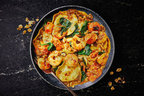 10-Min Lush Prawns with Prosciutto Ravioli