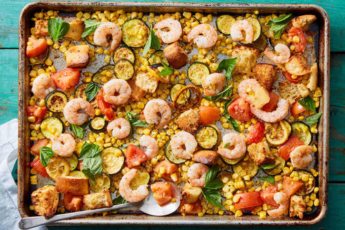 Sheet Pan Shrimp Scampi with Roasted Corn, Zucchini & Tomato