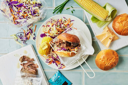 Smoky Brisket Burgers with Slaw and Corn