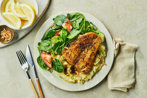 Golden Spiced Basa Fish and Potato Skordalia