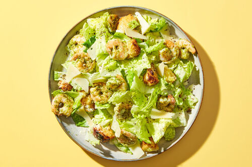 Pesto Shrimp Caesar Salad with Double Shrimp!