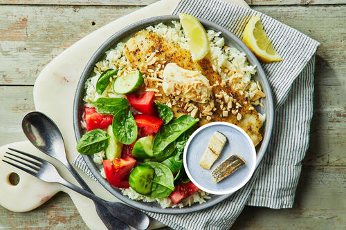 Almond Barramundi and Zesty Pilaf