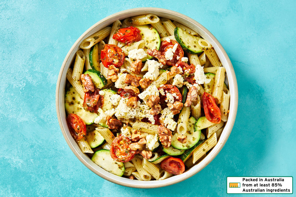 Gluten-Free Basil Pesto Pasta with Cherry Tomatoes, Feta and Zucchini |  Dinnerly