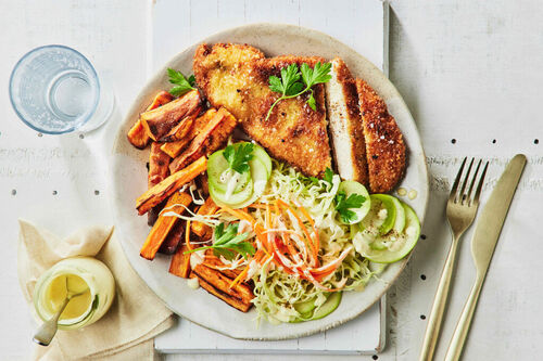 Dukkah Chicken Schnitzels and Chips