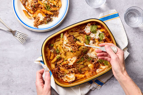 Pesto Beef Baked Ziti