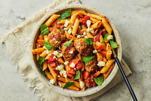 Spicy Lamb and Feta Meatballs with Pasta
