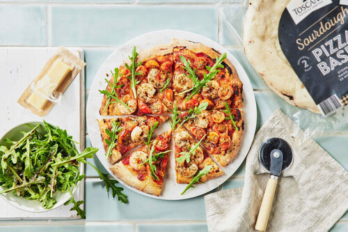 Prawn and Cherry Tomato Sourdough Pizzas