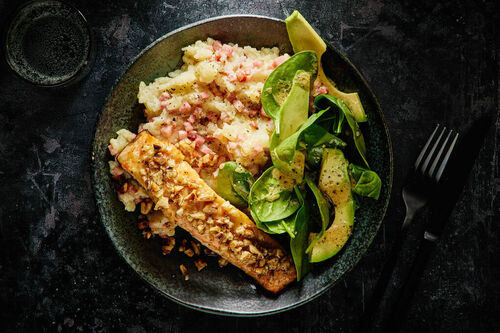 Walnut-Crusted Salmon and Bacon Mash