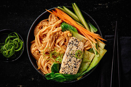 Sesame Barramundi and Spicy Satay Noodles