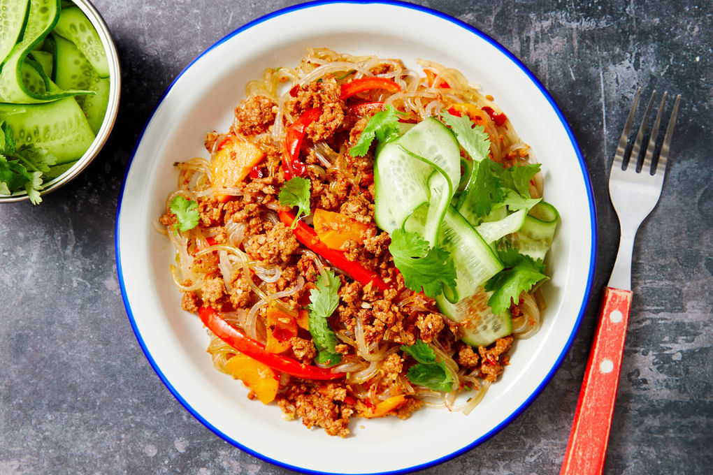 Thai v2 Plant-Based Mince with Cucumber Pickles and Noodles