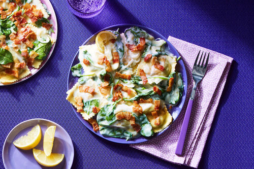 Fast! Lobster Ravioli Alfredo with Bacon