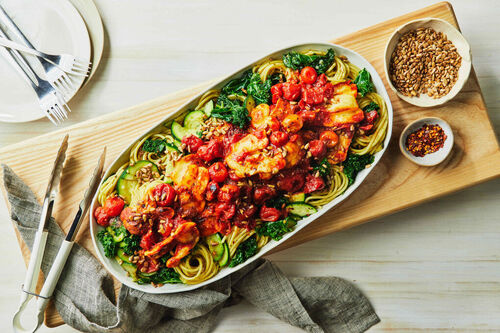 Baked Haloumi with Vegetable Pesto Spaghetti