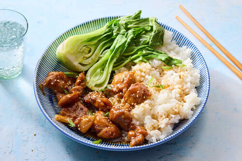 Caramel Chicken Thighs with Steamed Bok Choy