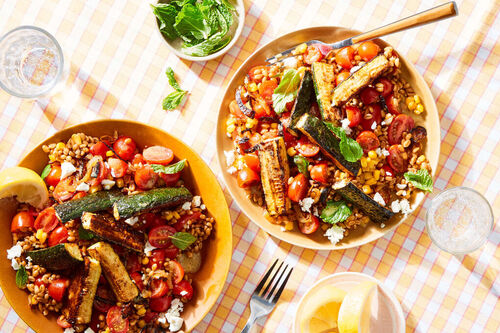 Charred Zucchini with Tomato-Farro Salad