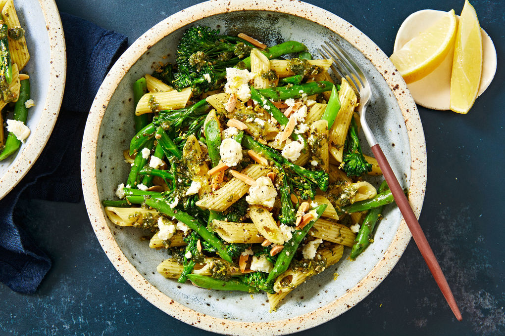 Basil Pesto Penne Pasta with Beans, Broccolini and Feta | Marley Spoon