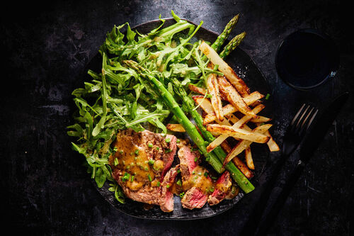 Seared Steaks, Fries and Pepper Sauce